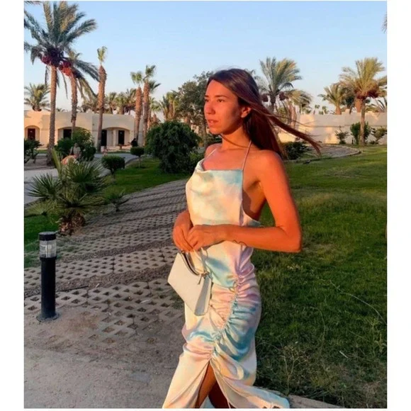 ZARA Satin Tie Dye Camisole Rainbow Side Cinch Strappy Midi Halter Cami Dress - Picture 3 of 15